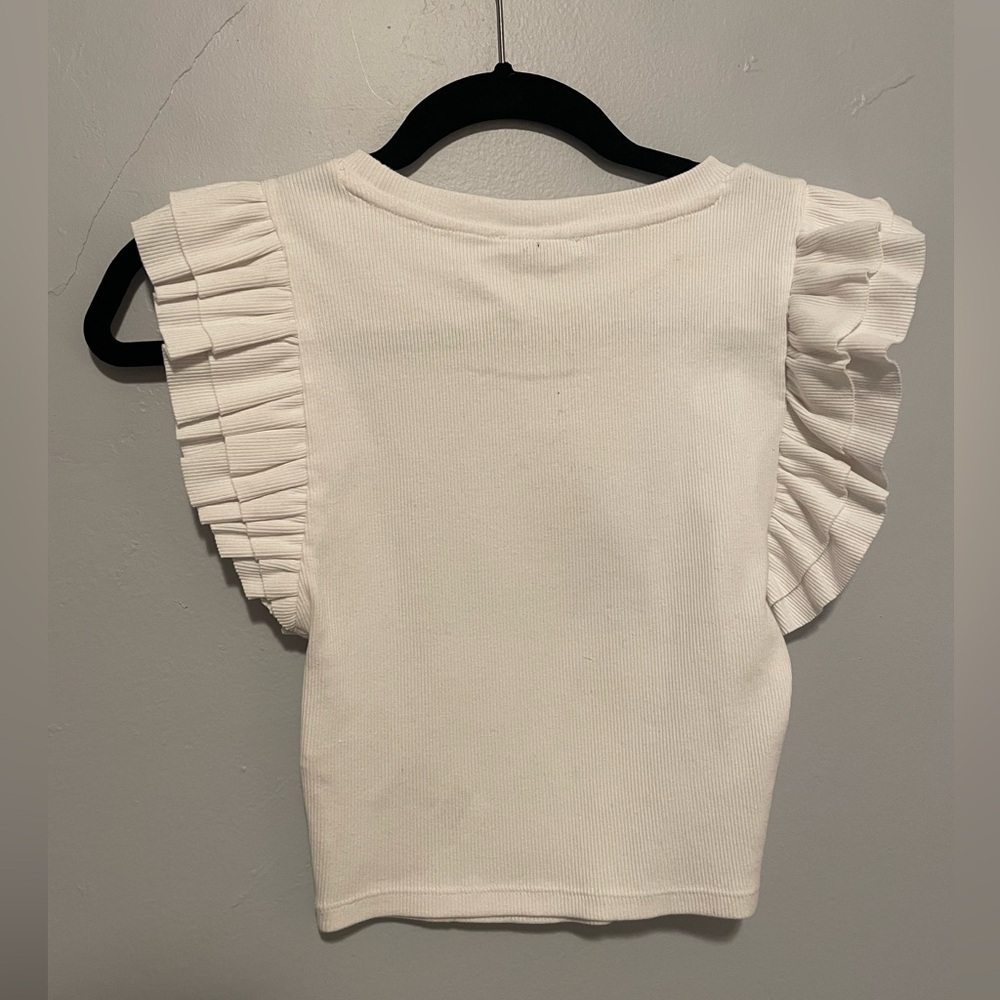 Zara White Ruffle Ribbed Crop Top - Picture 2 of 3